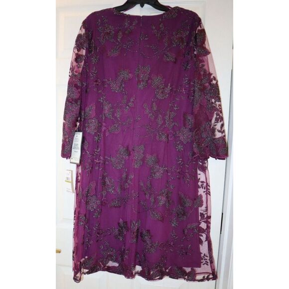 Alex Evenings Women Sz 14 Plum Purple Embroidered Sheer Overlay Midi Dress $219 - Picture 2 of 10